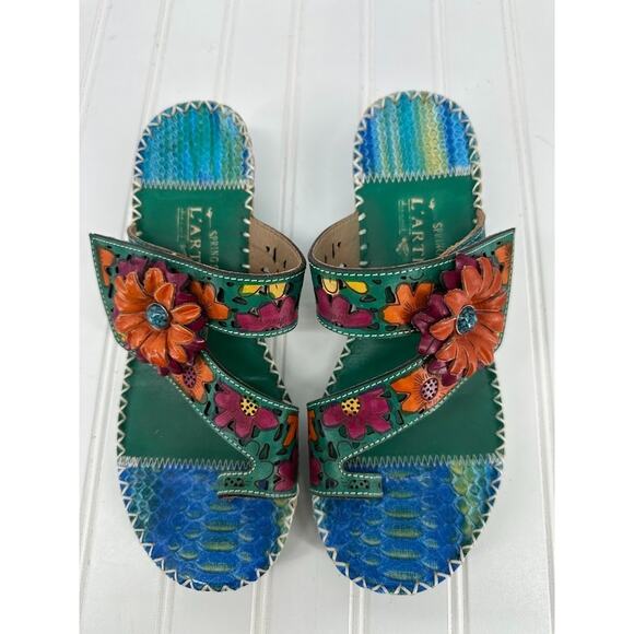 Spring Step L'ARTISTE Vardi Colorful Floral Sandals Slides Leather Wedge Size 39 - Picture 1 of 9